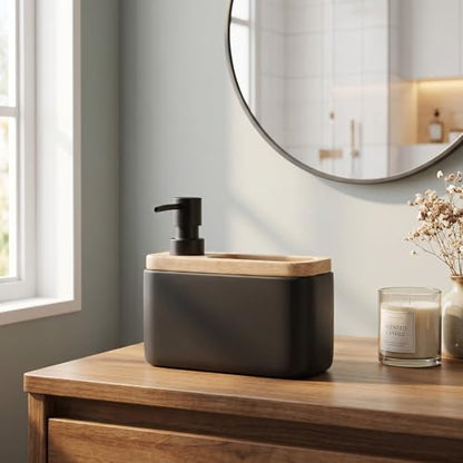 RQYIXI 2-in-1 Ceramic Soap Dispenser with Sponge Holder, Black, 17 Oz | natural acacia wood accent rectangular modern kitchen sink organizer caddy pump countertop farmhouse - color: White Wax Wood Square