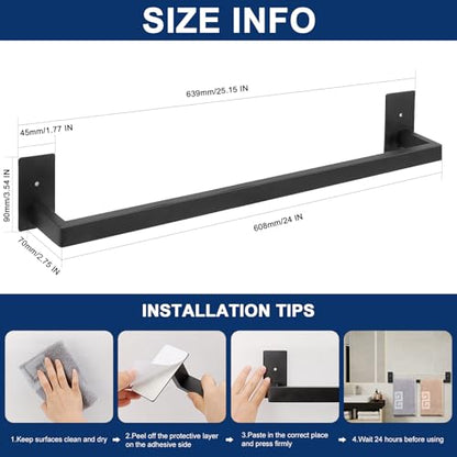 NearMoon Self Adhesive Bathroom Towel Bar, Stainless Steel Square Bath Wall Shelf Rack Hanging Towel Stick On Sticky Hanger Contemporary Style, Towel Rack Wall Mounted (24 Inch, Matte Black) - color: Matte Black, size: 24 Inch