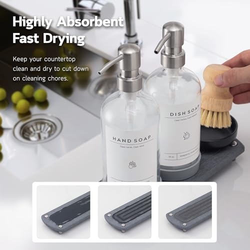 [Luxury] Kitchen Soap Dispenser Set - 16OZ Clear Glass Bottle, Stainless Steel Pump, Instant Dry Tray, Waterproof Labels, Non-Slip Silicone Pad, and Dish Brush | Upgrade for Your Kitchen and Bathroom - color: Transparent Bottle + Silver Pump