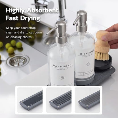 [Luxury] Kitchen Soap Dispenser Set - 16OZ Clear Glass Bottle, Stainless Steel Pump, Instant Dry Tray, Waterproof Labels, Non-Slip Silicone Pad, and Dish Brush | Upgrade for Your Kitchen and Bathroom - color: Transparent Bottle + Silver Pump