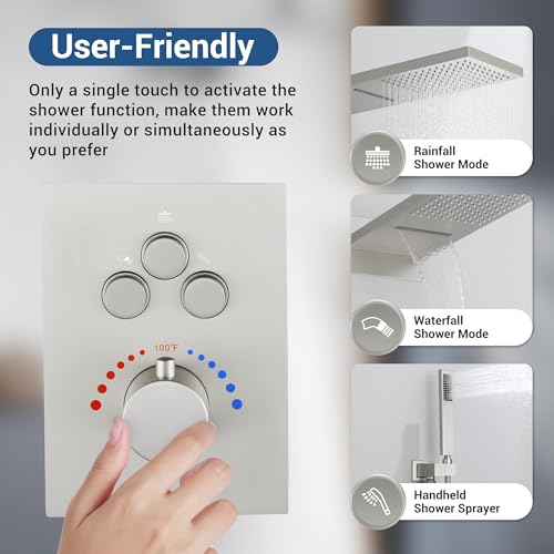 Thermostatic Shower System, Waterfall Shower Head(Brushed Nickel) | 22-Inch Rain & Waterfall Large Shower Head, High Pressure Handheld Sprayer, 3 Modes Push Button Valve - color: Brushed Nickel
