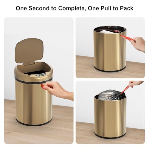 Smart Sensor Trash Can with Automatic Packaging Function 3.5 Gallon Stainless Steel Garbage Bin for Kitchen Bathroom Office Champagne Gold (