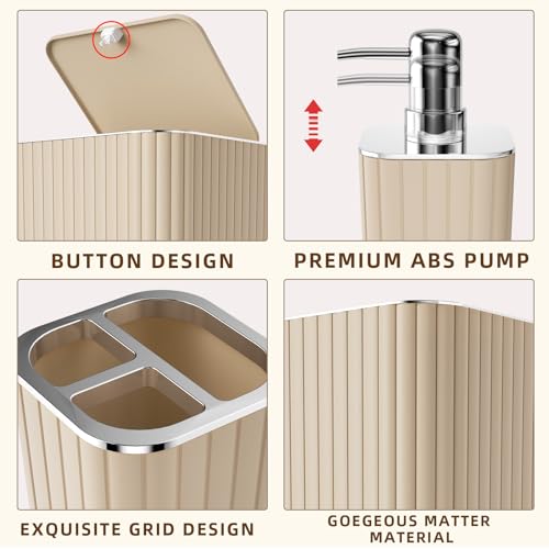 XLHOMO Bathroom Accessories Set - Gorgeous Beige Bathroom Set, 10PC Bathroom Accessory Set, Toilet Brush, Trash Can & Soap Dispenser - size: Bath Set, style: Beige&Silver