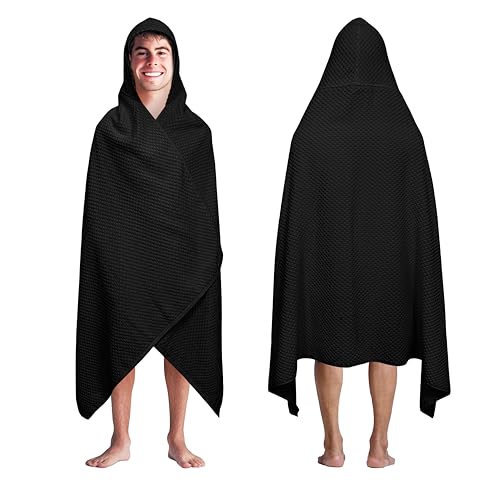 COTTON CRAFT Hooded Bath Towel for Adults – 100% Cotton Waffle Weave Towel | Oversized 35 x 70 inches Ringspun Terry Bath Sheet Wrap with a hood - Soft Super Absorbent Quick Dry – 450 GSM – Black - color: Black, size: 1 Pack Hooded Towel