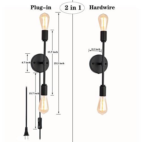 Black 2 Light Plug in Wall Sconce Set of 2 for Bathroom Farmhouse | 2-in-1 plug in hardwire wall sconce with on off switch cord 2 pack black industrial lamp fits E26 bulbs for indoor use