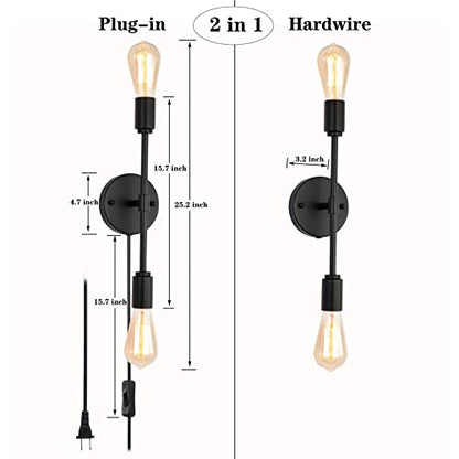 Black 2 Light Plug in Wall Sconce Set of 2 for Bathroom Farmhouse | 2-in-1 plug in hardwire wall sconce with on off switch cord 2 pack black industrial lamp fits E26 bulbs for indoor use
