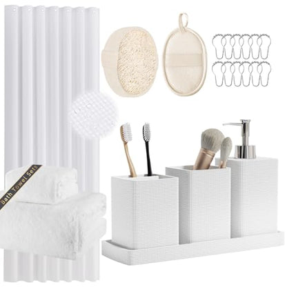 Resin White Bathroom Set, White Bathroom Accessories Set with Shower Curtain, Bath Towel Set, Natural Loofah Sponge, Soap Dispenser, Toothbrush Holder, Bathroom Tumbler and Tray for Bathroom - size: Bath Set+Shower Curtain+Towel Set+2PCS Loofah, style: Wh