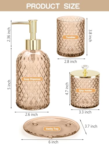 Haturi Glass Bathroom Accessories Set, Amber Brown Bathroom Set, 4 Pcs | Kit w/ Bathroom Soap Dispenser Set, Toothbrush Holder, Qtip Holder, Soap Dish, Brown Bathroom Decor, Gift for Home Apartment - style: Amber Brown