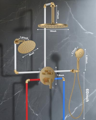 Shower System with Pressure Balance Valve, 10" Ceiling Mount Shower Faucet Set with 2 Rain Shower Head And Multi-function Handheld Head Push Button Diverter Pressure Balancing Valve Kit, Brushed Gold - color: Brushed Gold, style: 10"-Round