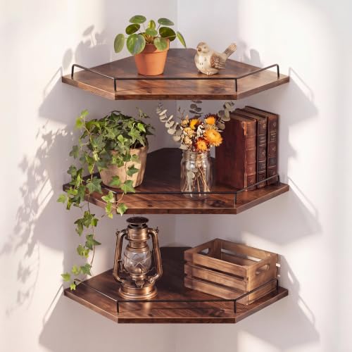 Novabright Corner Floating Shelf Set of 3 Rustic Brown Wood 12 Inches Corner Shelves Wall Mounted with Guardrail & Cord Hole Hanging Storage Display Shelves for Bedroom Kitchen Living Room Bathroom - color: Rustic Brown, size: Style 2
