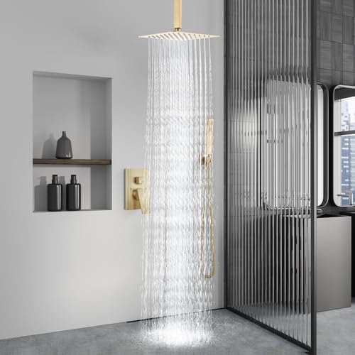 Aolemi Ceiling Shower Faucet with Handheld 12 Inch Head Brushed Gold | Shower Valve and Trim Kit,SUS304 Rain Head and Handle Set System,All Metal,Bathroom, Handheld Spray - color: Gold, size: 12 Inch Ceiling Shower Head