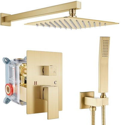 gotonovo Rainfall Bathroom Shower System Rain Shower Head and Handle Set Wall Mounted Shower Complete Combo Solid Brass Pressure Balancing Shower Mixer Valve 10 Inch Brushed Gold - color: Brushed Gold, size: 10 Inch
