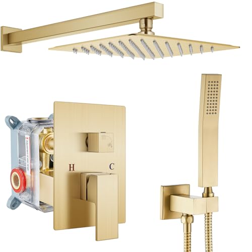 gotonovo Rainfall Bathroom Shower System Rain Shower Head and Handle Set Wall Mounted Shower Complete Combo Solid Brass Pressure Balancing Shower Mixer Valve 10 Inch Brushed Gold - color: Brushed Gold, size: 10 Inch