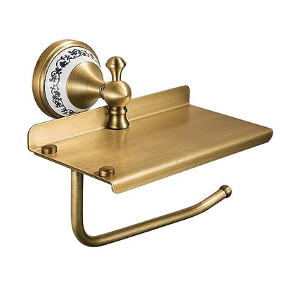 Toilet Paper Holder with Phone Shelf, Bathroom Toilet Paper Roll Holder Antique Bronze Brass Wall Mounted Bathroom Hardware Accessories,Porcelain Design - color: Toilet Paper Holder With Shelf