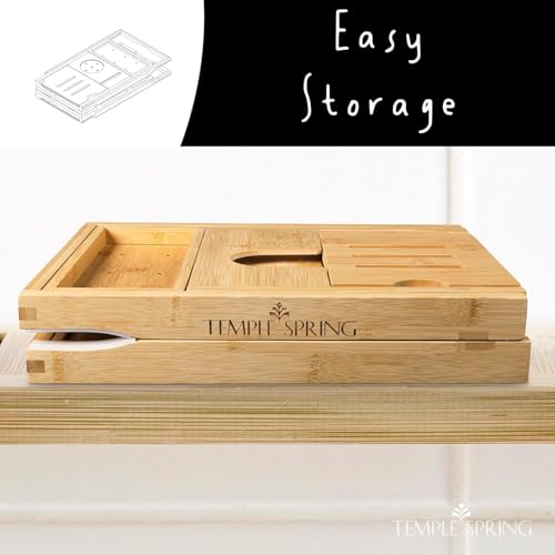 Foldable Bamboo Bathtub Tray Caddy for Tub — Expandable One-Piece Wood Bath Table with Wine Holder Book Stand and Non-Slip Pads — Space-Saving Bath Caddy — Housewarming - color: Foldable Wood Bamboo