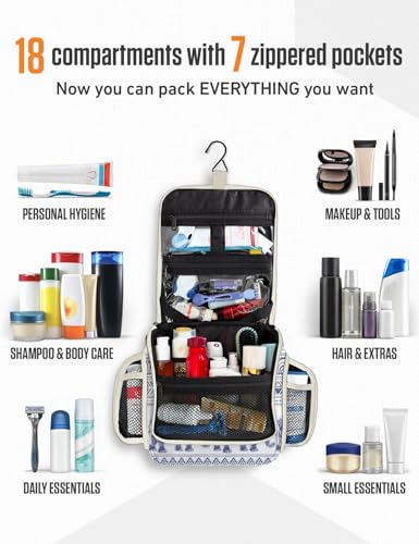 VENTURE 4TH Hanging Travel Toiletry Bag, 17 Compartments - Blue Elephant | Hangs on rails, hooks or doors; stands upright too. Removable TSA pouch. Water-resistant 900D Nylon, reinforced stitching. - color: Blue Elephant