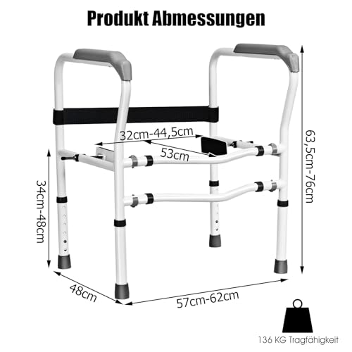 Height Adjustable Toilet Support Aid with Armrests Without Drilling, Non-Slip Toilet Grab Handle, 48 x 65 x 84 cm