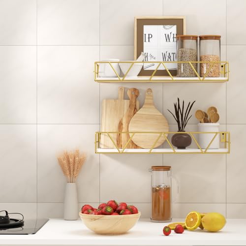 Floating Shelves Set of 3, Wood Wall Shelf, Farmhouse Shelf for Bedroom | Wall Mounted Floating Shelf for Living Room, Bedroom, Bathroom, Kitchen, Office - color: Gold