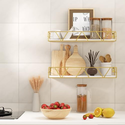 Floating Shelves Set of 3, Wood Wall Shelf, Farmhouse Shelf for Bedroom | Wall Mounted Floating Shelf for Living Room, Bedroom, Bathroom, Kitchen, Office - color: Gold