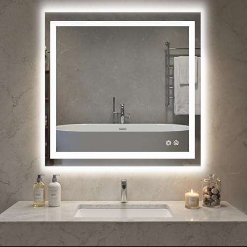 NEWBULIG Smart Anti-Fog LED Bathroom Mirror with Front Light & Backlit, 3 Color Modes, Dimmable, Memory Function, Wall-Mounted Modern Rectangular Vanity Mirror, White, 36"x36" - color: Led-white Rect, size: 36"L x 36"W