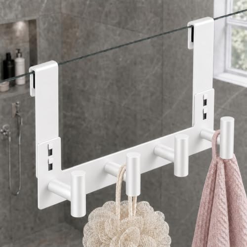 HUFEEOH Shower Door Towel Hooks, Stainless Steel Over Glass Door Hooks, Robe Hanger Fits Frameless Glass Shower Doors up to 3/8" Thick (White, Fits 3/8" Thick Door - 4 "T Hooks - 1 Pack) - color: White, size: Fits 3/8" Thick Door - 4 "T” Hooks