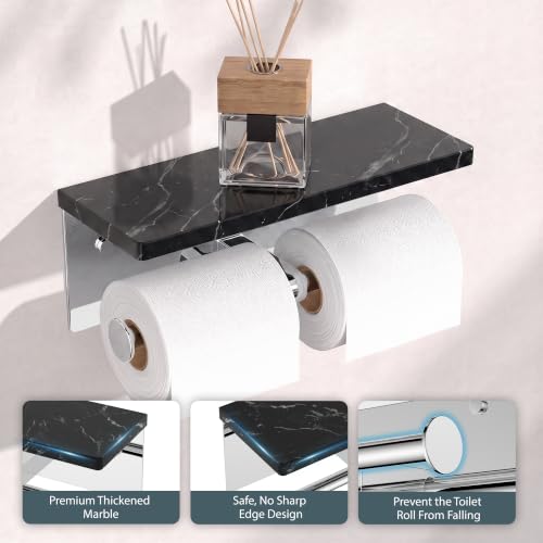FORIOUS Toilet Paper Holder with Shelf, Commercial Toilet Paper Dispensers | Chrome | Wall Mount Bathroom Tissue Holder | SUS304 Stainless Steel Rustproof | Double Tissue Roll Holder - color: Chrome-marble