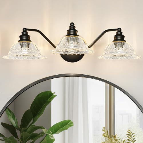 Redluck 3-Light Modern Bathroom Light Fixtures, Black Vanity Lights | Flower Glass Shade, Easy to Install, Rustproof Finish Wall Sconces Lighting for Bathroom Mirror, Living Room, Metal - color: Black