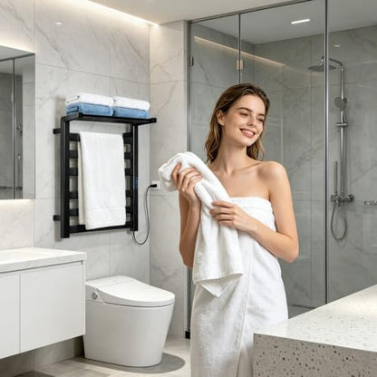 Towel Warmer Rack with WiFi, 6 Bars Large Heated Towel Racks, Black | WiFi App Remote, Foldable Space-Saving Bracket, Child Lock, 5 Temp Levels, 1–24H Timer, LED Display, Stainless Steel, Plug-in - color: Matte Black