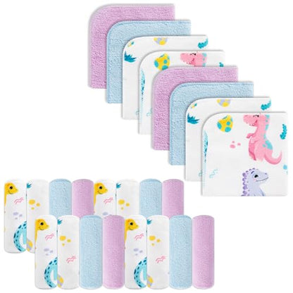 Baby Washcloths, 24Pack Baby Wash Cloths Extra Soft & Ultra Absorbent, Baby Towels and Washcloths Face Towels for Unisex Boys Girls Body, Washclothes Gentle on Sensitive Skin, 9x9 Purple Dinosaur - color: Purple Dinosaur