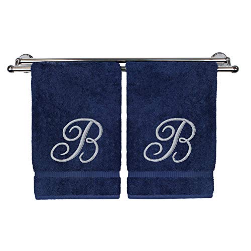 BC BARE COTTON Monogrammed Hand Towel, Navy, 16 x 30 Inches - Set of 2, 100% Turkish Cotton, Extra Absorbent, Soft Terry Finish, Personalized Gift - color: Silver on Navy, style: Initial B