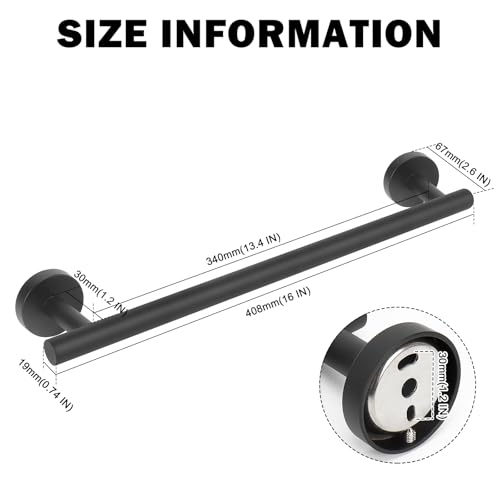 Livabber Bath Towel Bar, 304 Stainless Steel Towel Rack, Heavy Duty Towel Holder Wall Mounted for Bathroom/Kitchen, Usable Hanging Length-13.4 Inch, Total Length-16 Inch (Black) - color: Black, size: 16 Inch