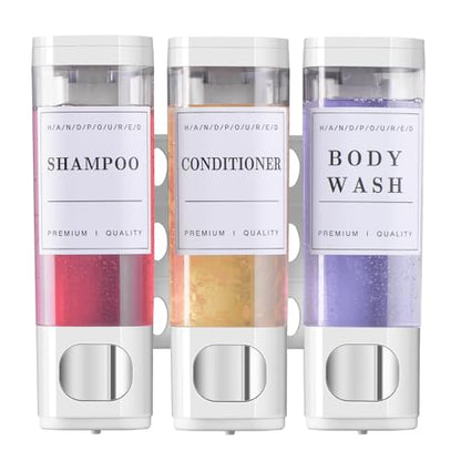 Shower Soap Dispenser Wall Mounted No Drill Shampoo Dispenser for Shower Wall Shampoo and Conditioner Dispenser Bathroom Hotel 3 * 300ml White with Labels - color: White