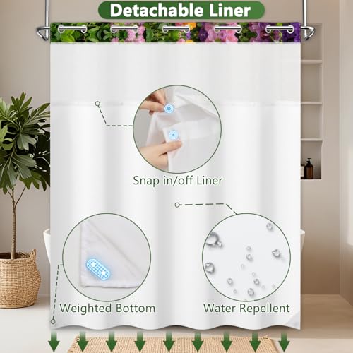 No Hook Floral Shower Curtain with Snap in Liner, Machine Washable Cloth Shower Curtain with See Through Window and Weighted Bottom, Waterproof Fabric Summer Shower Curtains for Bathroom, 71"W x 74"L - color: Flower Vine