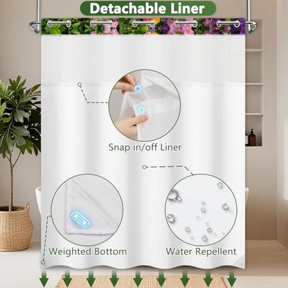 No Hook Floral Shower Curtain with Snap in Liner, Machine Washable Cloth Shower Curtain with See Through Window and Weighted Bottom, Waterproof Fabric Summer Shower Curtains for Bathroom, 71"W x 74"L - color: Flower Vine