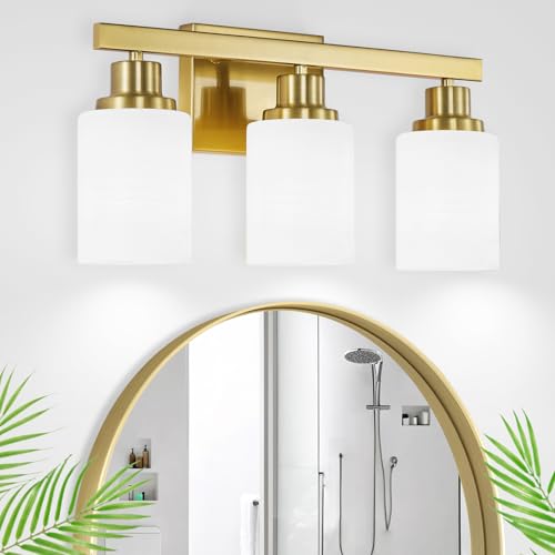 3-Light Gold Bathroom Light Fixtures, Modern Vanity Light with Milky White Glass Shade, Gold Wall Lamp Sconces for Mirror, Bedroom, Living Room, Hallway - color: Gold, size: 3-Light
