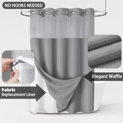 No Hook Shower Curtain with Liner Set Hotel Waffle Curtain Grey 58W X 75L | Washable Snap in Fabric Liner, Mesh Top Window, Waffle Hotel Style Shower Curtain Set - color: Grey, size: 54"W x 75"L