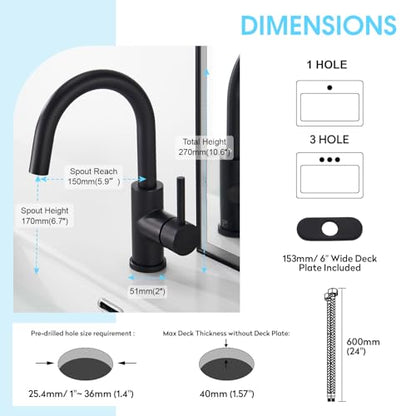 CREA Black Bathroom Faucet Brushed Nickel, Prep Wet Bar Sink Faucet Stainless Steel Single Hole Small Kitchen Faucet with 4 Inch Deck Plate, Mini Faucet Outdoor Tap for Farmhouse Vanity Sink Lavatory - color: Matte Black