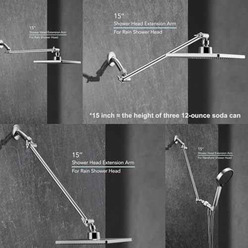 15 Inch Extra Long Adjustable Shower Head Extension Arm With Locking Set Screw, Singing Rain 304 Stainless Steel Chrome Angle Height Adjustable, G1/2 Universal Connector Compatible (Chrome Finish) - color: 1. Chrome, style: 15 inch