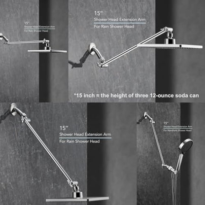 15 Inch Extra Long Adjustable Shower Head Extension Arm With Locking Set Screw, Singing Rain 304 Stainless Steel Chrome Angle Height Adjustable, G1/2 Universal Connector Compatible (Chrome Finish) - color: 1. Chrome, style: 15 inch