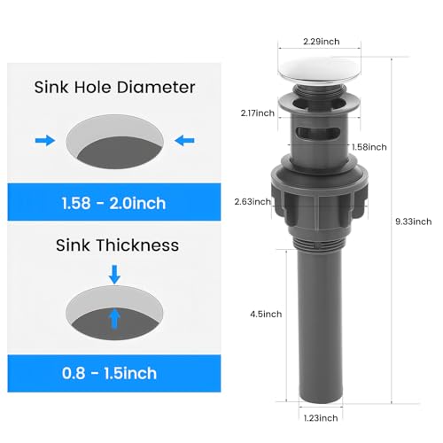 Plastic Bathroom Sink Pop up Drain Stopper | with Overflow,Basin Waste,Chrome Cap with Strainer Basket for Vanity Vessel