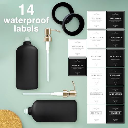 Vine Creations Black Glass Soap Dispenser, 2 Pack Kitchen Soap Dispenser Set with Stainless Steel Pump, 16 oz Dish Soap and Hand Soap Dispensers for Bathroom with Waterproof Labels - color: Matte Black Bottle / Brushed Brass Pump