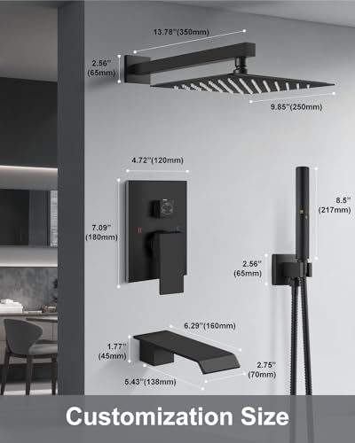 Aolemi Shower System with Tub Spout and Valve Matte Black | 10-Inch Square Wall Mounted Rainfall Shower Head and Handheld,3-Function Bathtub Shower Faucet Set - color: Black