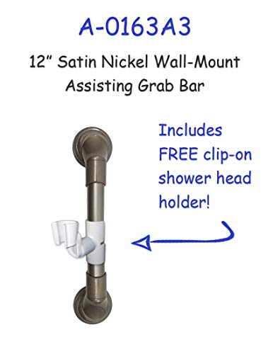 12 in MedGear Wall-Mount Bath Assisting Grab Bar, Satin Nickel & Includes Clip-On Shower Head Holder - color: Satin Nickel