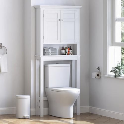 Spirich Over The Toilet Storage Cabinet, White Bathroom Organizer | Shaker Doors, Open & Hidden Storage, Adjustable Interior Shelf, FSC-Certified MDF, Anti-Tip Fitting, Adjustable Crossbar
