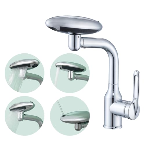 Bathroom Sink Faucet 1 Hole, Chrome Multifunctional Basin Faucet with 4 Water Outlet Modes, Modern 360°Rotatable Bar Tap with Two Water Supply Pipes - color: Chrome