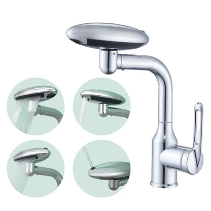 Bathroom Sink Faucet 1 Hole, Chrome Multifunctional Basin Faucet with 4 Water Outlet Modes, Modern 360°Rotatable Bar Tap with Two Water Supply Pipes - color: Chrome