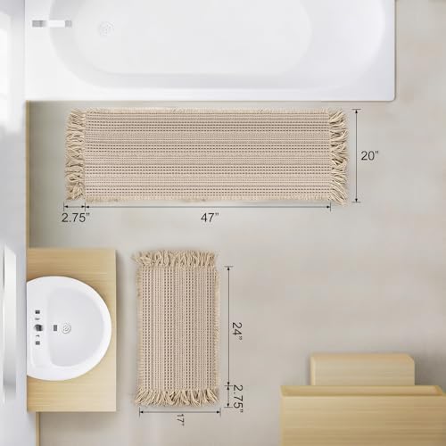 Waffle Bath Mat Set of 2, Absorbent Waffle Bathroom Rug with Tassels, Non Slip Bath Mats for Bathroom Floor, Ultra Soft Boho Bath Mat, Quick Dry Shower Mat, Machine Washable, 17"×24" & 20"×47", Khaki - size: 17" x 24"+20" x 47"