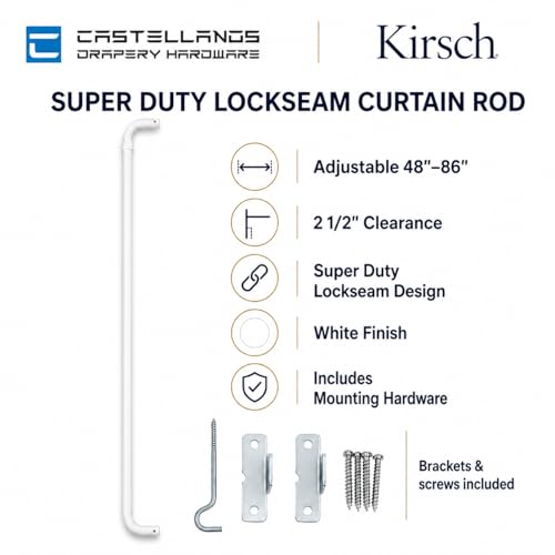 Kirsch/Castellanos Super Duty Lockseam Curtain Rod 48" to 86" Adjustable, Heavy-Duty White Drapery Rod with 2 1/2" Clearance for Curtains, Drapes, and Valances