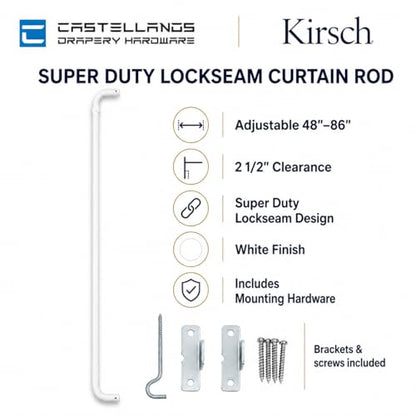 Kirsch/Castellanos Super Duty Lockseam Curtain Rod 48" to 86" Adjustable, Heavy-Duty White Drapery Rod with 2 1/2" Clearance for Curtains, Drapes, and Valances