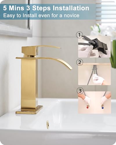 Gold Bathroom Faucet Waterfall, Brass Bathroom Faucets Single Hole or 3 Hole 4 Inch, Single Handle Bathroom Sink Faucet with Deck Plate & Drain - color: Brushed Gold - Elegant